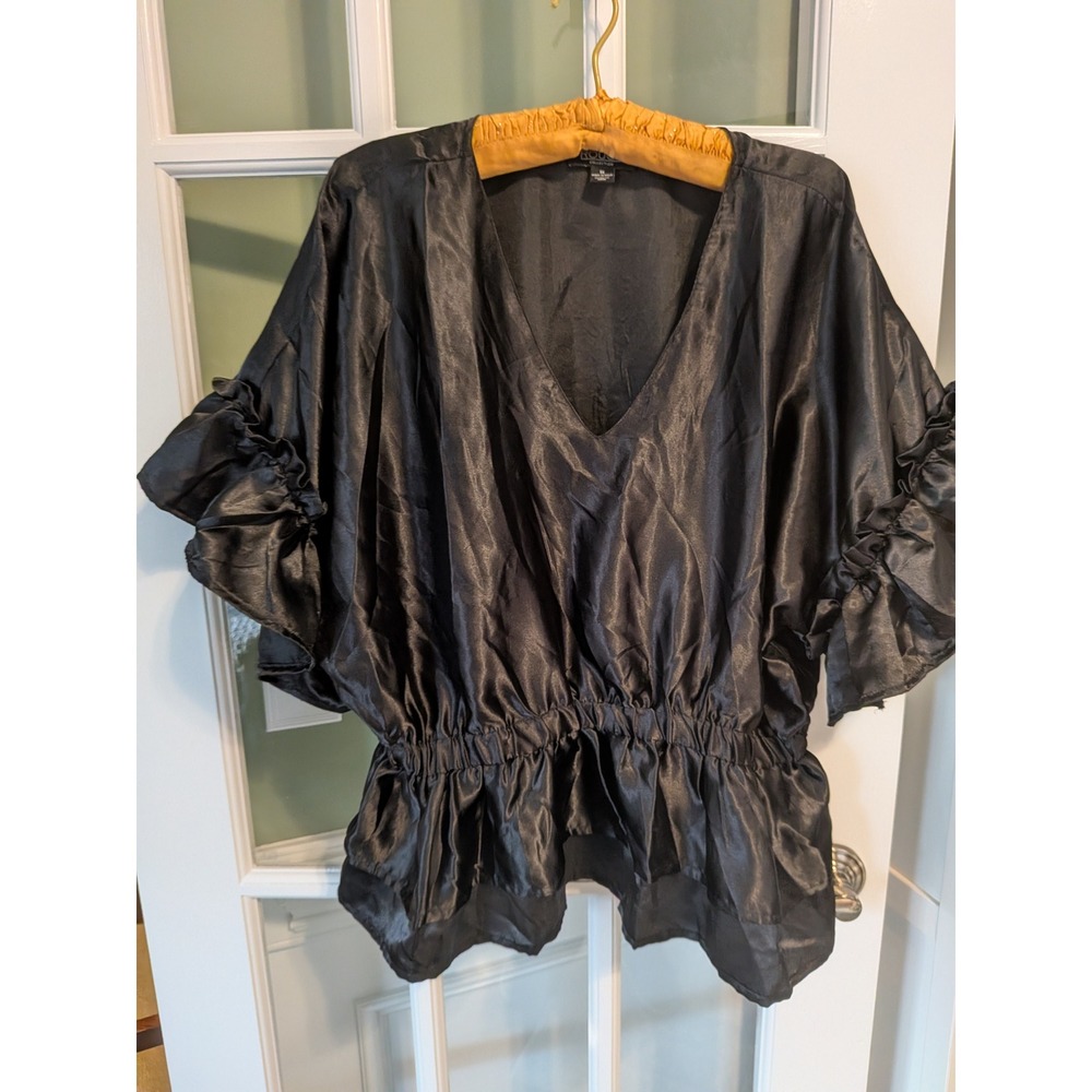 Rouge Collection Black Satin Peplum Blouse V-Neck Ruffle Sleeve 1X 23459XR